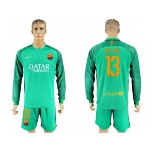 Barcelona #13 Cillesse Green Goalkeeper Long Sleeves Soccer Club Jersey