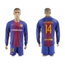 Barcelona #14 Mascherano Home Long Sleeves Soccer Club Jersey