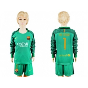 Barcelona #1 Ter Stegen Green Goalkeeper Long Sleeves Kid Soccer Club Jersey