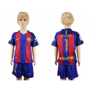 Barcelona #1 Ter Stegen Home Kid Soccer Club Jersey