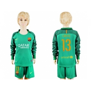 Barcelona #13 C.Bravo Green Goalkeeper Long Sleeves Kid Soccer Club Jersey