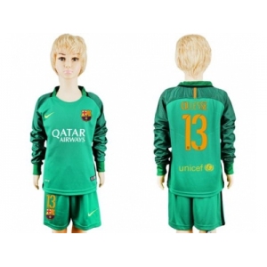 Barcelona #13 Cillesse Green Goalkeeper Long Sleeves Kid Soccer Club Jersey