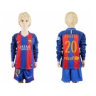 Barcelona #20 Roberto Home Long Sleeves Kid Soccer Club Jersey