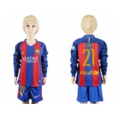 Barcelona #21 Gomes Home Long Sleeves Kid Soccer Club Jersey