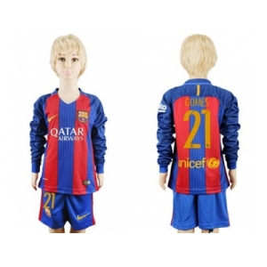 Barcelona #21 Gomes Home Long Sleeves Kid Soccer Club Jersey