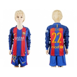Barcelona #22 Aleix Vidal Home Long Sleeves Kid Soccer Club Jersey