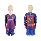 Barcelona #24 Mathieu Home Long Sleeves Kid Soccer Club Jersey