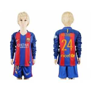 Barcelona #24 Mathieu Home Long Sleeves Kid Soccer Club Jersey