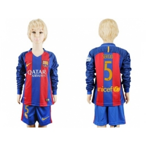 Barcelona #5 Sergio Home Long Sleeves Kid Soccer Club Jersey