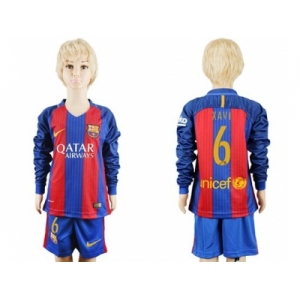 Barcelona #6 Xavi Home Long Sleeves Kid Soccer Club Jersey