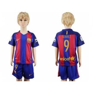 Barcelona #9 Suarez Home Kid Soccer Club Jersey