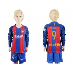 Barcelona #9 Suarez Home Long Sleeves Kid Soccer Club Jersey