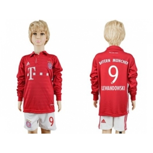 Bayern Munchen #9 Lewandowski Home Long Sleeves Kid Soccer Club Jersey