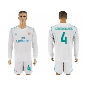 Real Madrid #4 Sergio Ramos White Home Long Sleeves Soccer Club Jersey