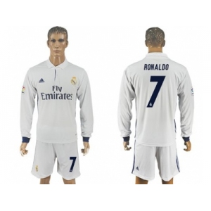 Real Madrid #7 Ronaldo White Home Long Sleeves Soccer Club Jersey 1
