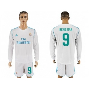 Real Madrid #9 Benzema White Home Long Sleeves Soccer Club Jersey