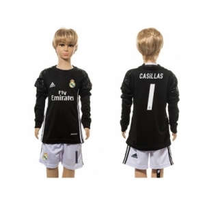 Real Madrid #1 Casillas Black Goalkeeper Long Sleeves Kid Soccer Club Jersey