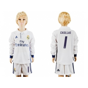 Real Madrid #1 Casillas Home Long Sleeves Kid Soccer Club Jersey