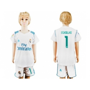 Real Madrid #1 I Casillas White Home Kid Soccer Club Jersey