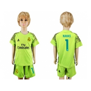 Real Madrid #1 Navas Shiny Green Goalkeeper Kid Soccer Club Jersey