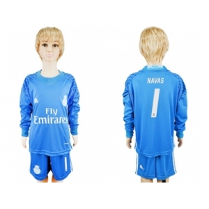 Real Madrid #1 Navas Sky Blue Goalkeeper Long Sleeves Kid Soccer Club Jersey