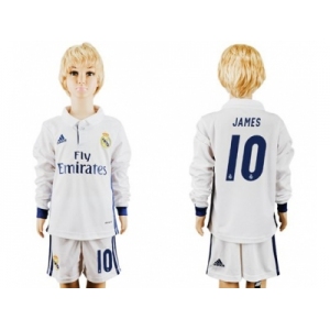 Real Madrid #10 James Home Long Sleeves Kid Soccer Club Jersey