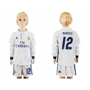 Real Madrid #12 Marcelo Home Long Sleeves Kid Soccer Club Jersey