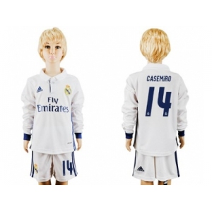 Real Madrid #14 Casemiro Home Long Sleeves Kid Soccer Club Jersey
