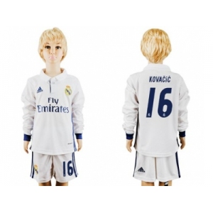 Real Madrid #16 Kovacic Home Long Sleeves Kid Soccer Club Jersey