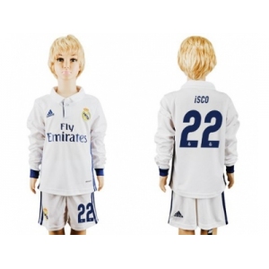 Real Madrid #22 Isco Home Long Sleeves Kid Soccer Club Jersey