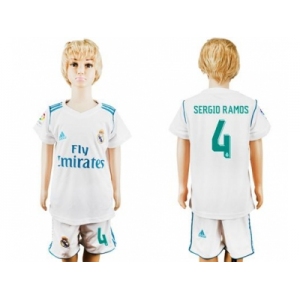 Real Madrid #4 Sergio Ramos White Home Kid Soccer Club Jersey