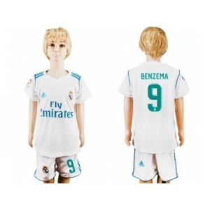 Real Madrid #9 Benzema White Home Kid Soccer Club Jersey