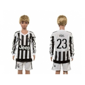 Juventus #23 Vidal Home Long Sleeves Kid Soccer Club Jersey