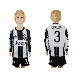 Juventus #3 Chiellini Home Long Sleeves Kid Soccer Club Jersey