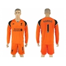 Liverpool #1 Karius Orange Goalkeeper Long Sleeves Soccer Club Jersey