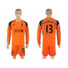 Liverpool #13 Manninger Orange Goalkeeper Long Sleeves Soccer Club Jersey