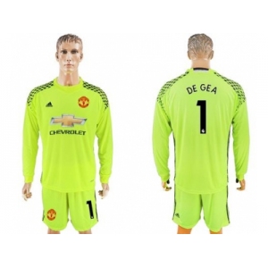 Manchester United #1 De Gea Shiny Green Goalkeeper Long Sleeves Soccer Club Jersey