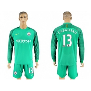 Manchester United #13 Caballero Green Goalkeeper Long Sleeves Soccer Club Jersey