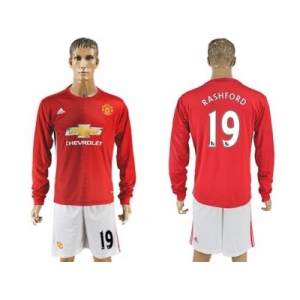 Manchester United #19 Rashford Red Home Long Sleeves Soccer Club Jersey 1