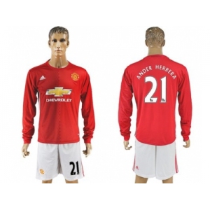 Manchester United #21 Ander Herrera Red Home Long Sleeves Soccer Club Jersey 1