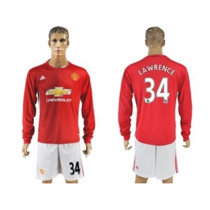 Manchester United #34 Lawrence Red Home Long Sleeves Soccer Club Jersey