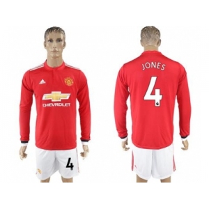 Manchester United #4 Jones Red Home Long Sleeves Soccer Club Jersey 1