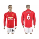Manchester United #6 Pogba Red Home Long Sleeves Soccer Club Jersey