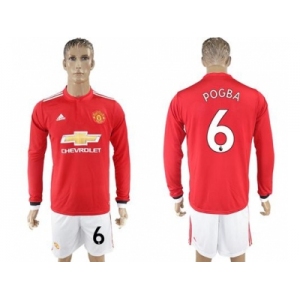 Manchester United #6 Pogba Red Home Long Sleeves Soccer Club Jersey