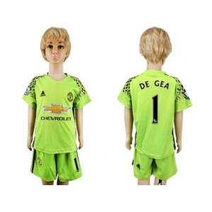 Manchester United #1 De Gea Shiny Green Goalkeeper Kid Soccer Club Jersey