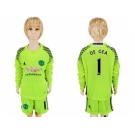Manchester United #1 De Gea Shiny Green Goalkeeper Long Sleeves Kid Soccer Club Jersey