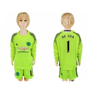Manchester United #1 De Gea Shiny Green Goalkeeper Long Sleeves Kid Soccer Club Jersey