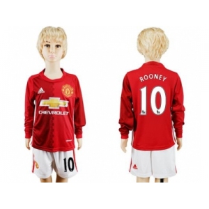 Manchester United #10 Rooney Home Long Sleeves Kid Soccer Club Jersey