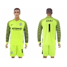 Manchester City #1 Hart Shiny Green Goalkeeper Long Sleeves Soccer Club Jersey