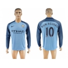 Manchester City #10 Kun Aguero Home Long Sleeves Soccer Club Jersey1